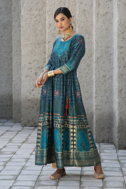 Teal Satin Festive Printed Anarkali Flared Anarkali Kurta