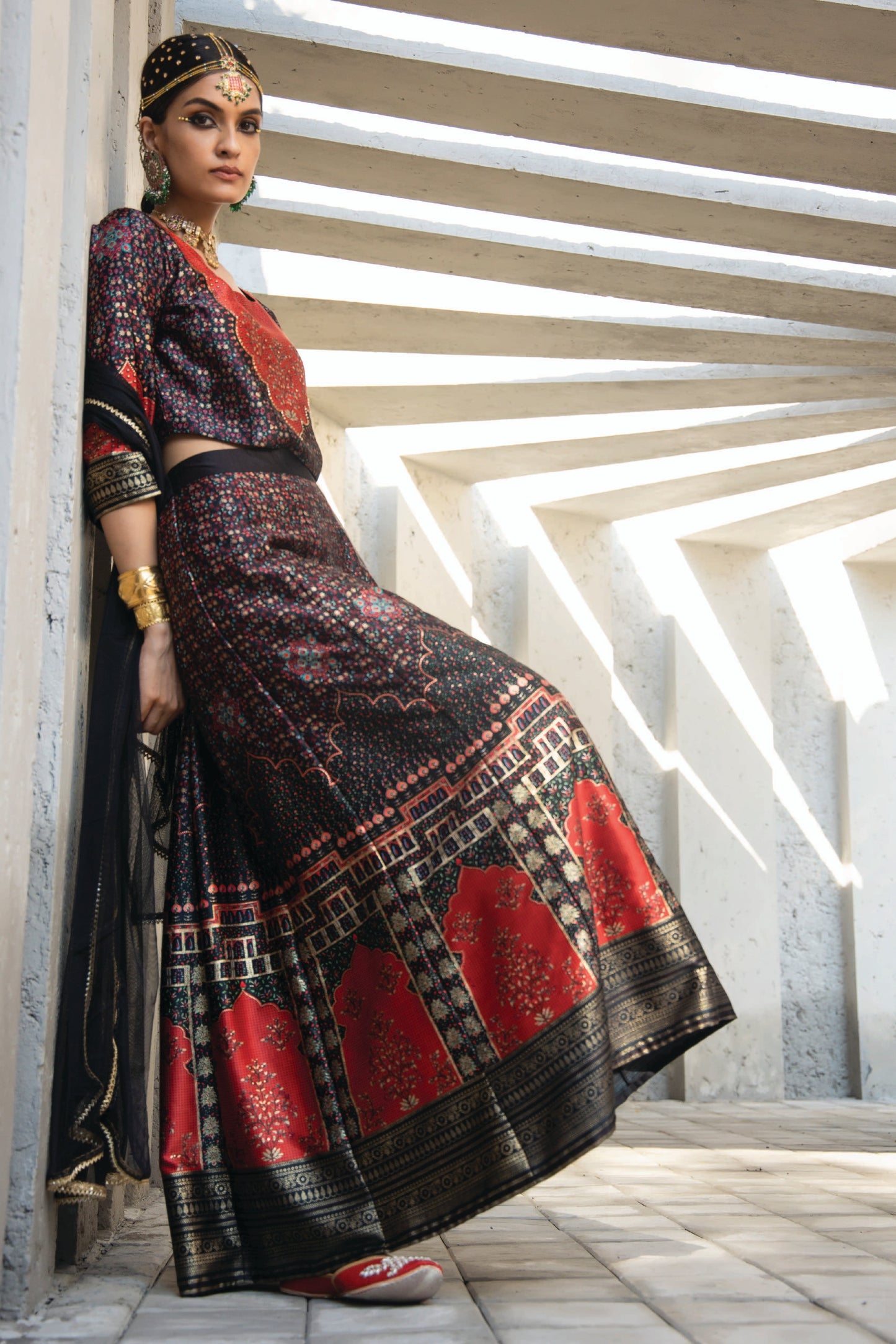 Black Dull Satin Festive Printed Crop Choli-Skirt Dupatta