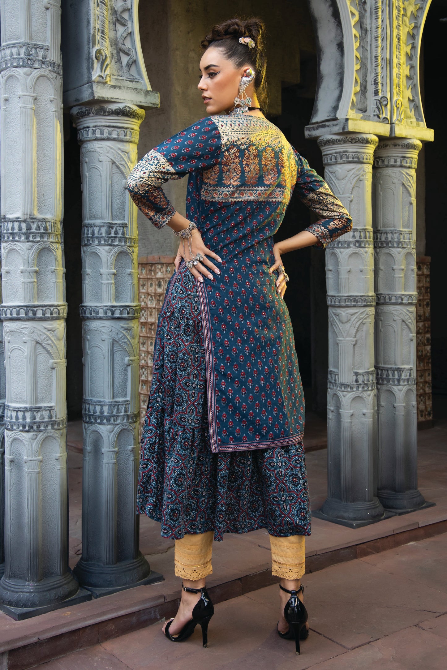 Teal Chanderi Festive Printed Tiered  Kurta