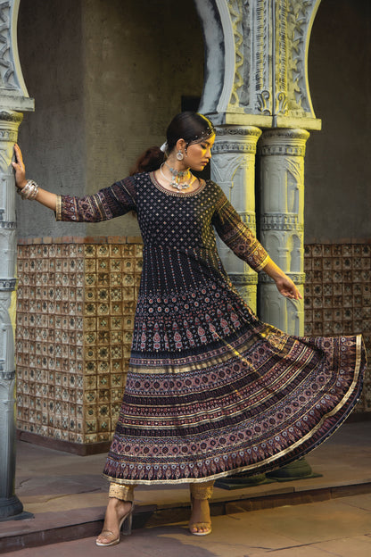 Black Georgette Festive Printed Flared Anarkali Kurta