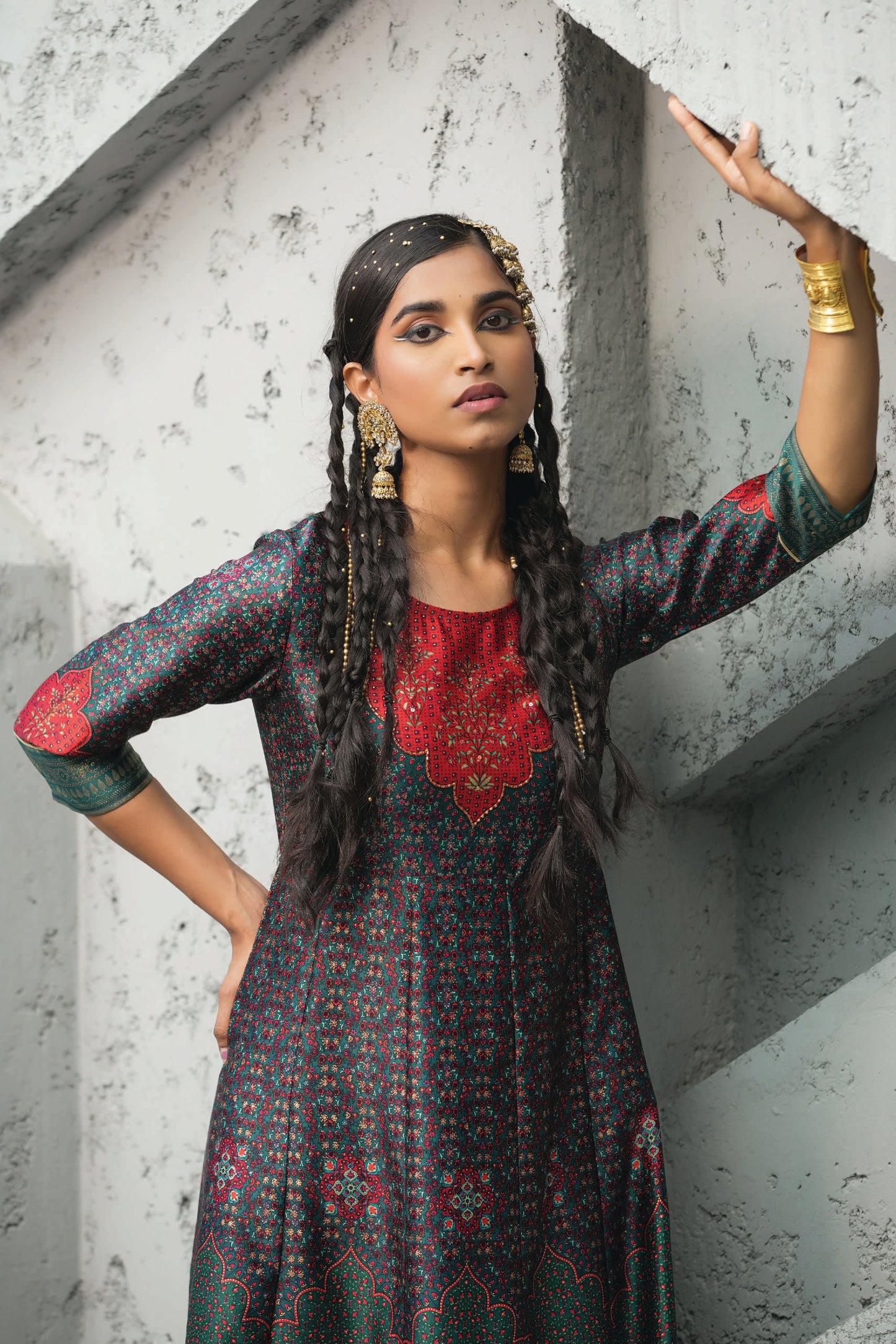 Green Satin Festive Printed Anarkali Flared Anarkali Kurta