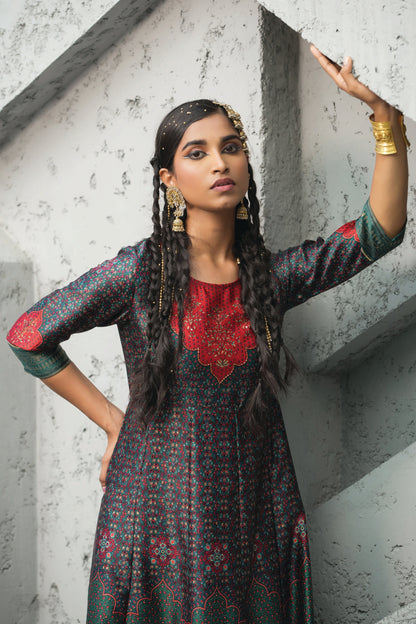 Green Satin Festive Printed Anarkali Flared Anarkali Kurta