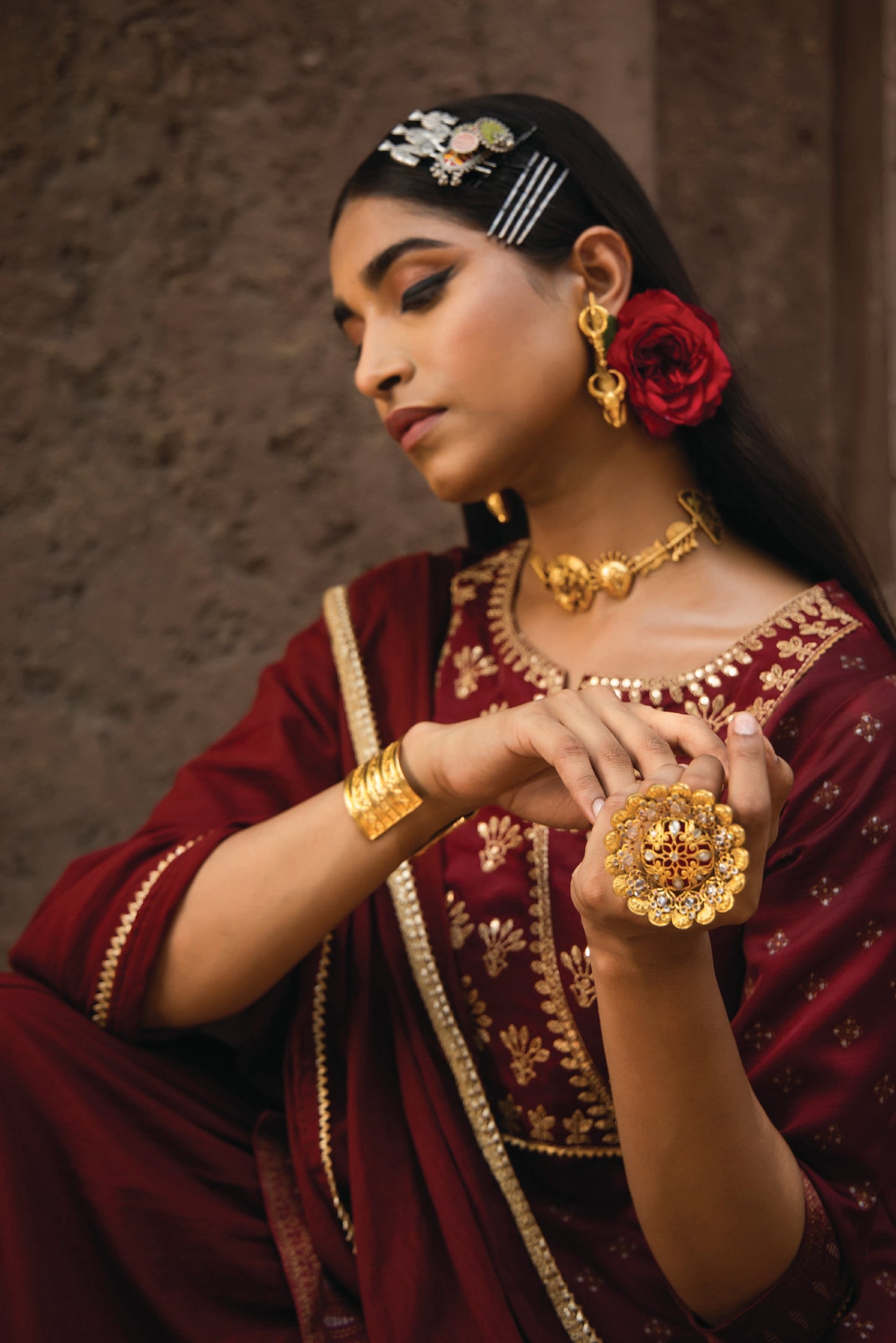 Maroon Satin Slub Festive Embroidered Printed Straight Kurta Skirt Dupatta Set