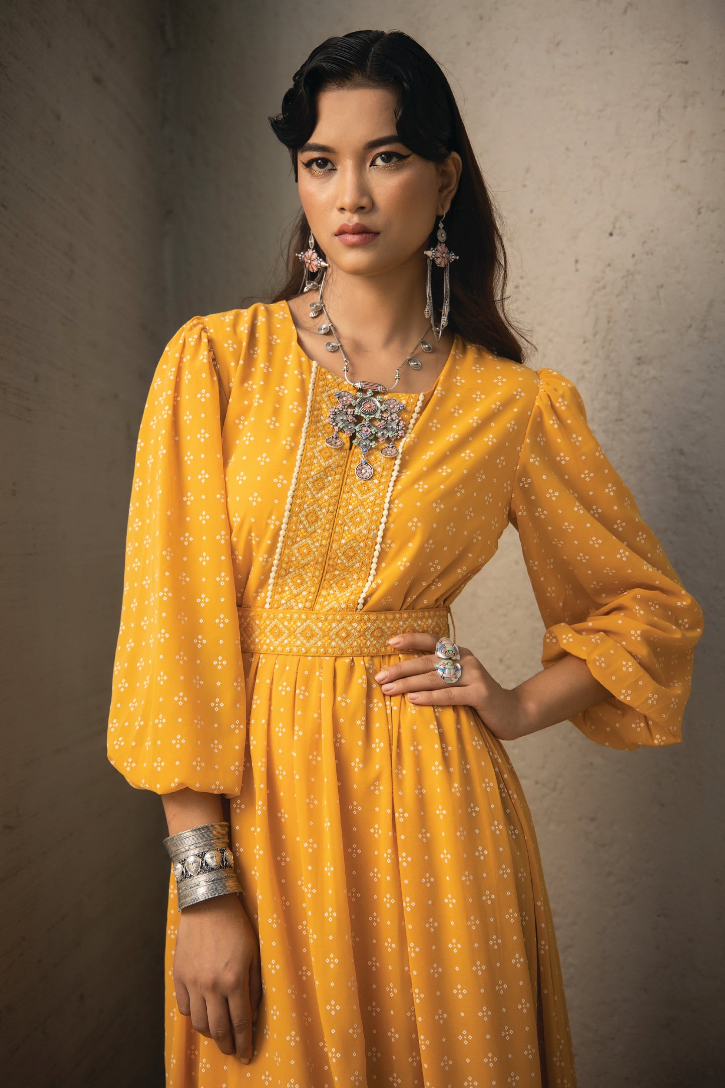 Mustard Georgette Festive Print Flared Dress