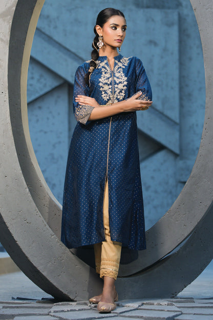 Blue Chanderi Festive Embroidered Polka Dot Printed A-Line Kurta