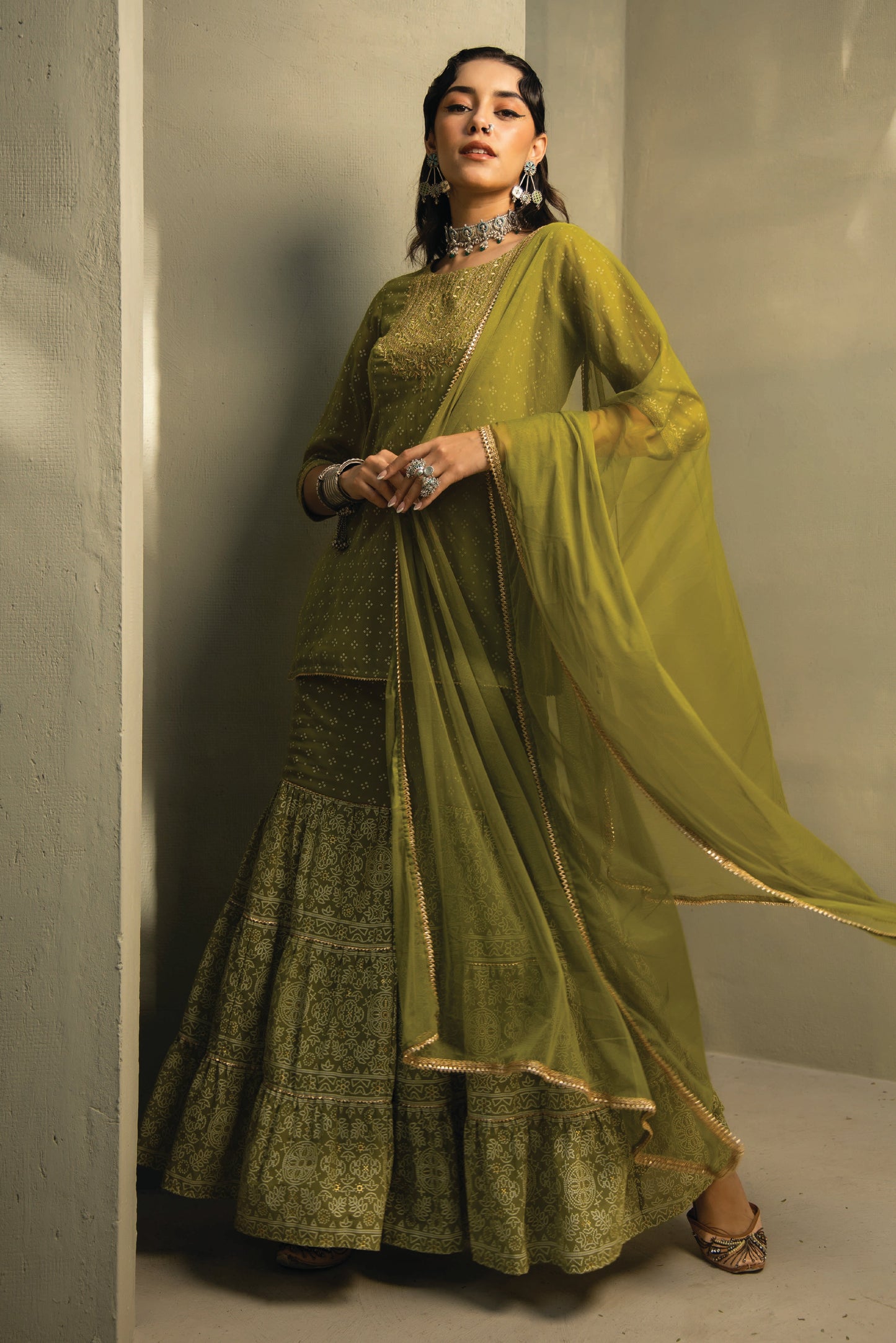 GREEN GEORGETTE BANDHANI PRINTED KURTA, SHARARA AND DUPATTA SET
