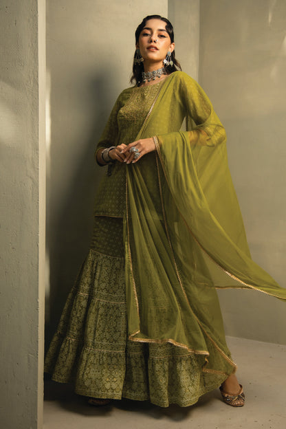 GREEN GEORGETTE BANDHANI PRINTED KURTA, SHARARA AND DUPATTA SET