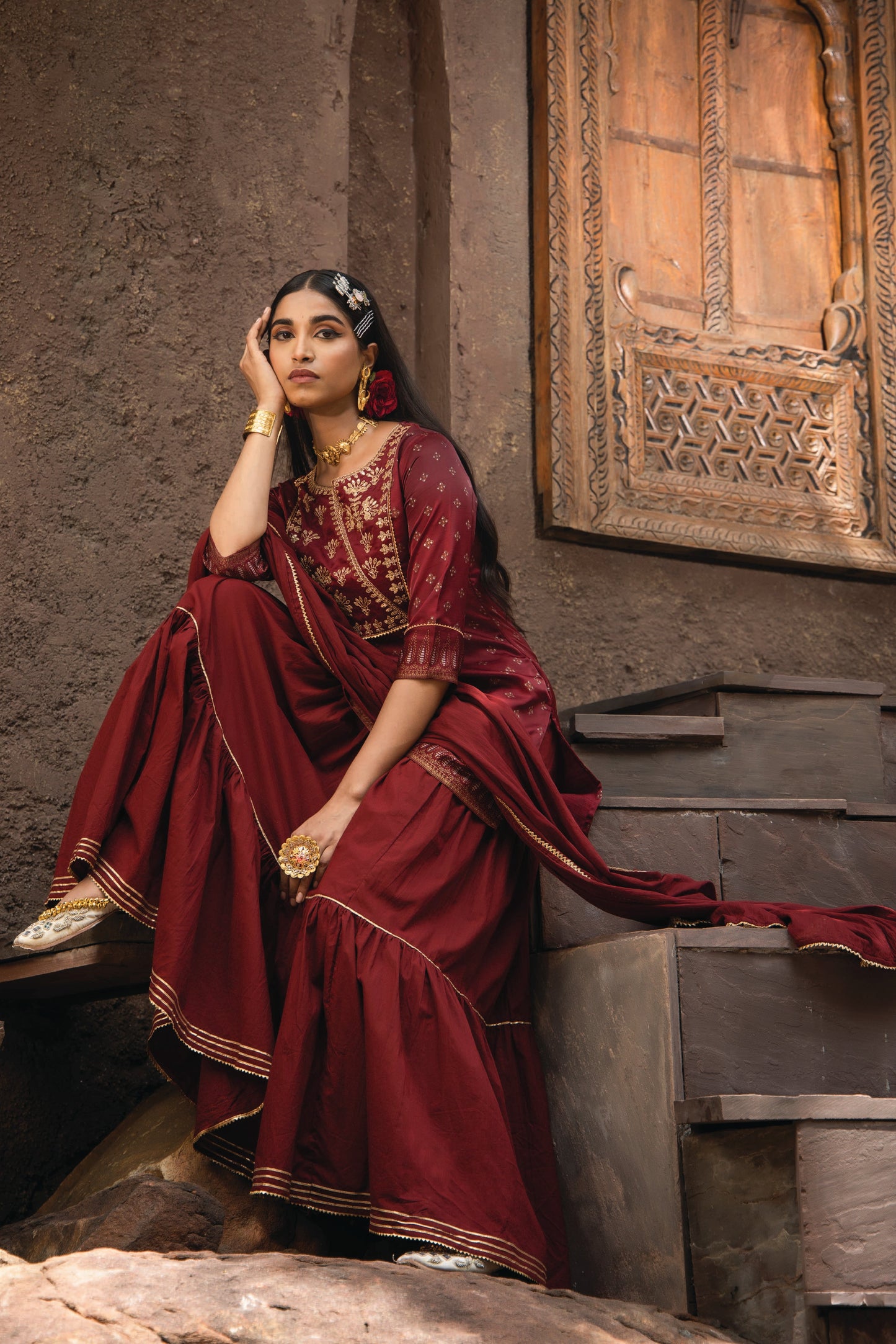 Maroon Satin Slub Festive Embroidered Printed Straight Kurta Skirt Dupatta Set