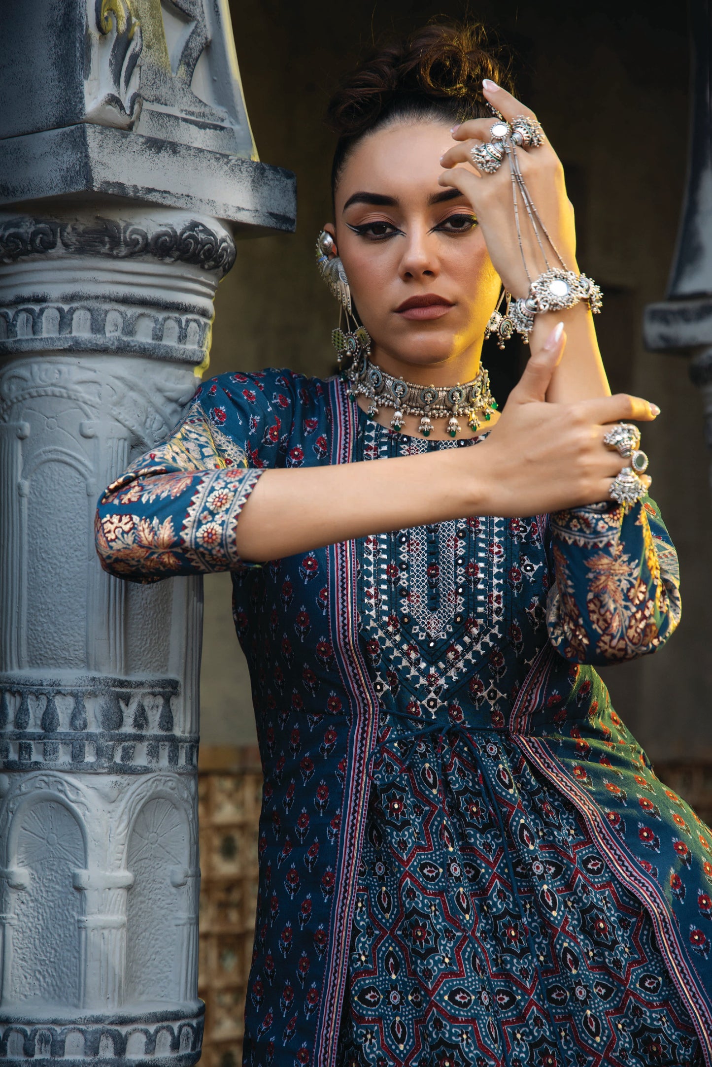 Teal Chanderi Festive Printed Tiered  Kurta