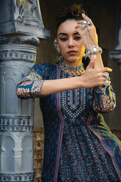 Teal Chanderi Festive Printed Tiered  Kurta