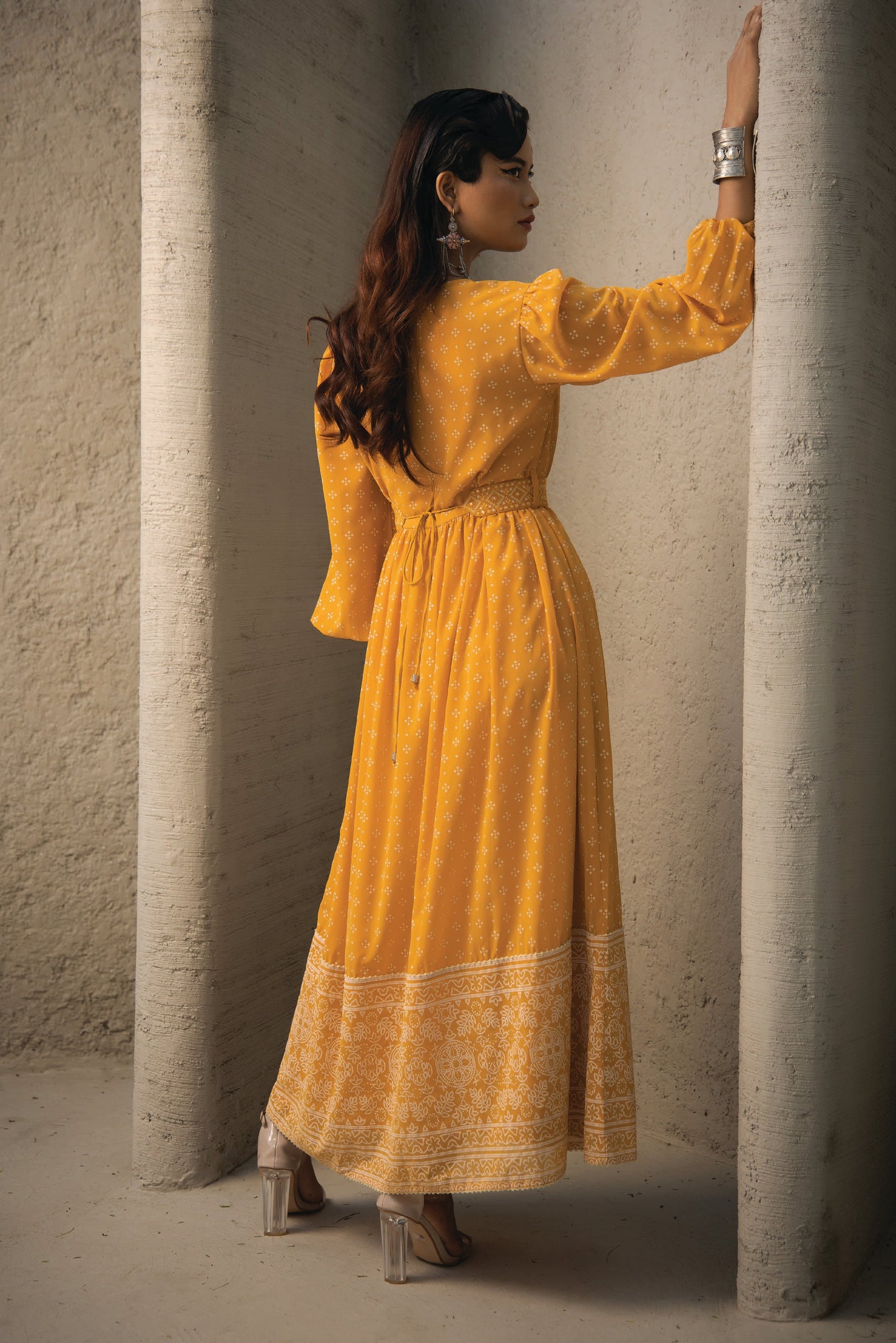 Mustard Georgette Festive Print Flared Dress