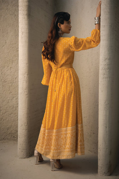 Mustard Georgette Festive Print Flared Dress