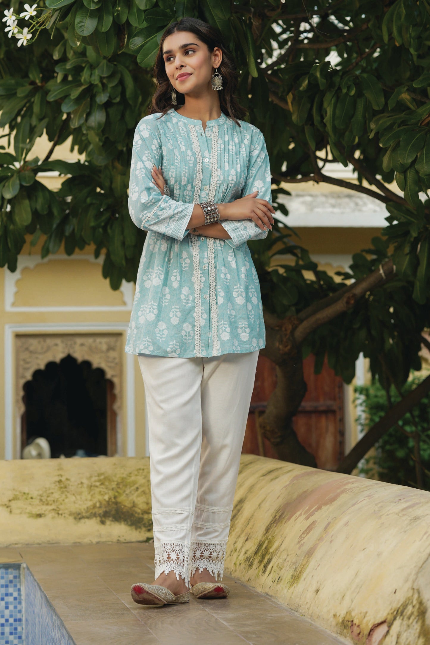 Skyblue Cambric Placement Floral Printed Tunic