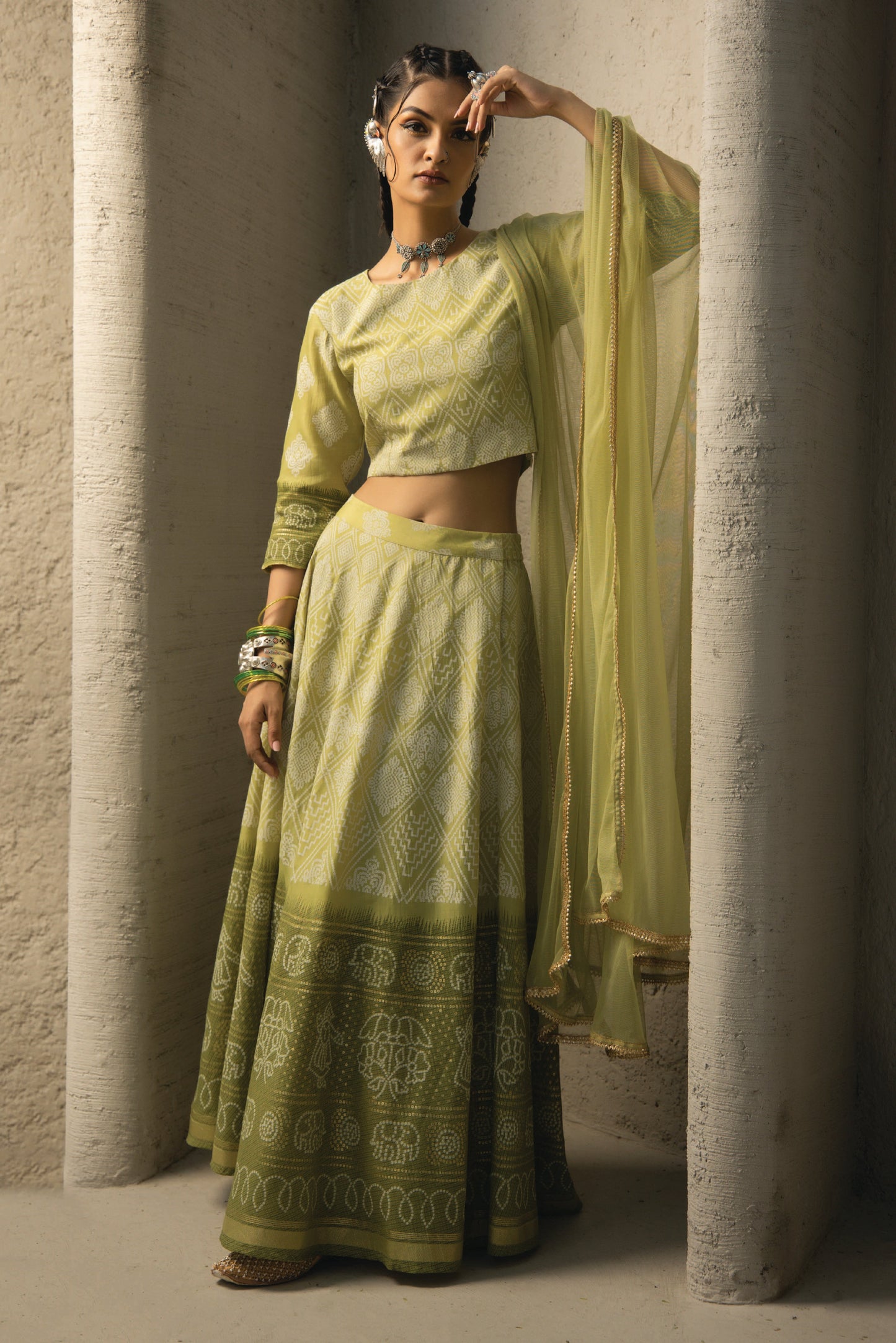 Green Santoon Slub Festive Foil Print Straight Lehenga Choli Set