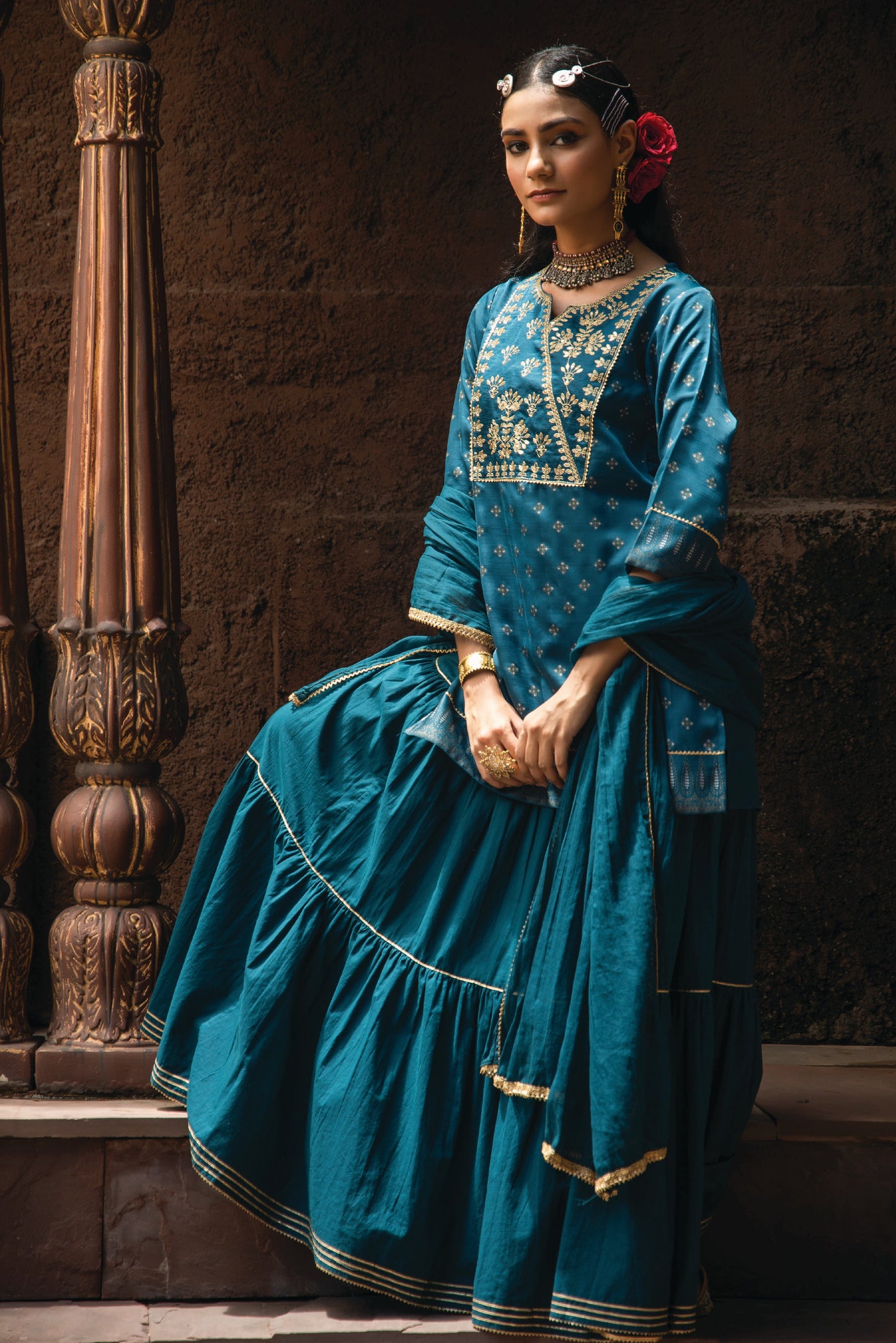 Teal Satin Slub Festive Embroidered Printed Straight Kurta Skirt Dupatta