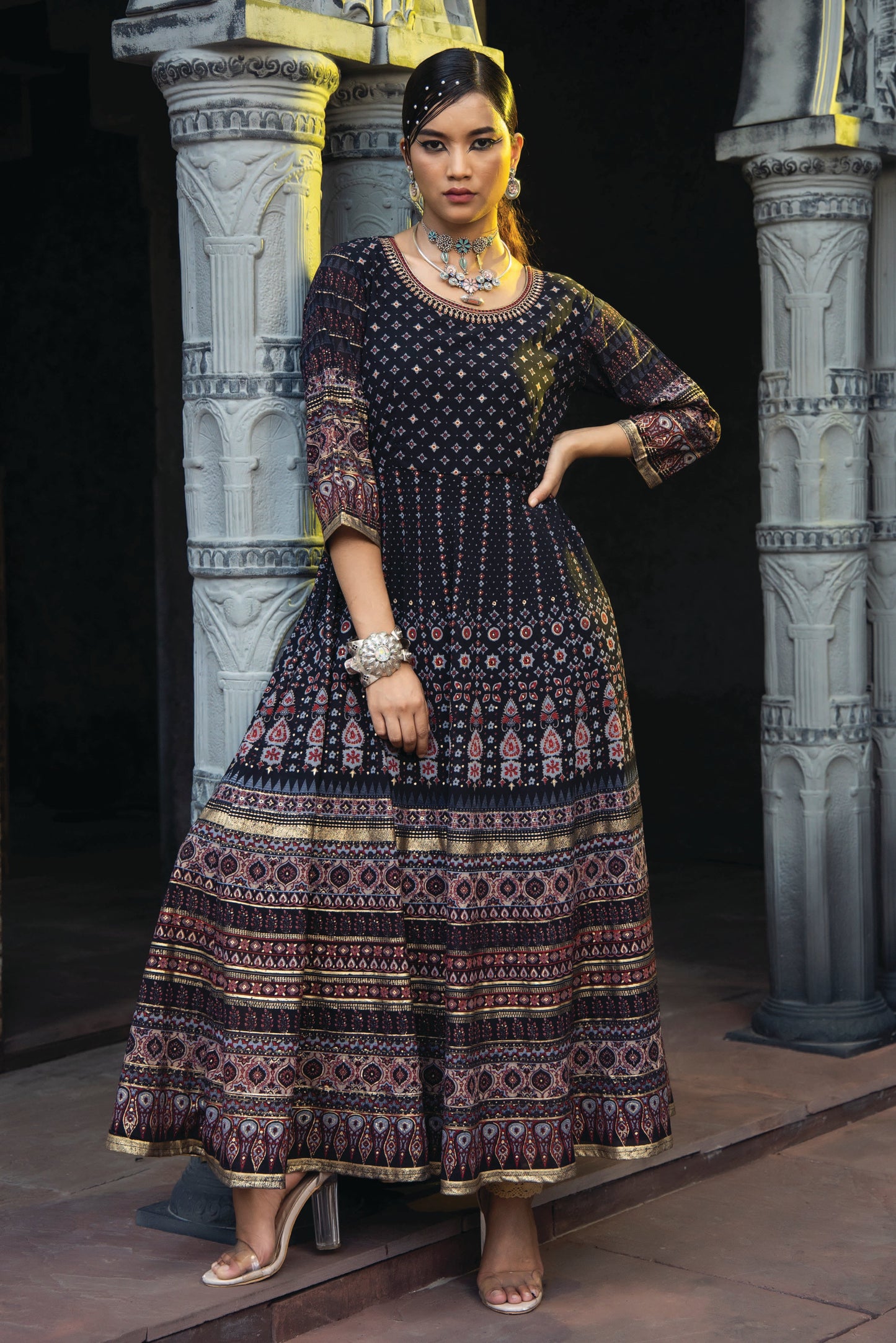 Black Georgette Festive Printed Flared Anarkali Kurta