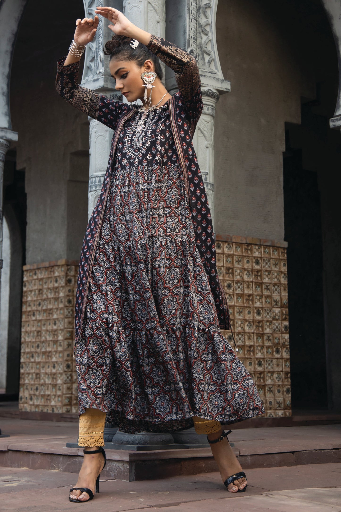 Black Chanderi Festive Printed Tiered  Kurta