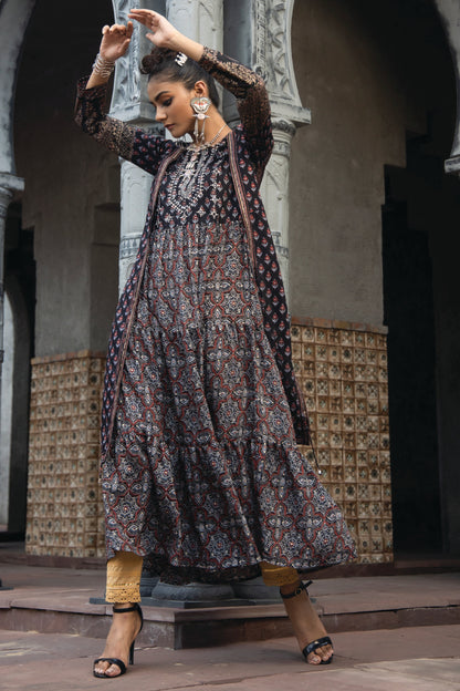 Black Chanderi Festive Printed Tiered  Kurta