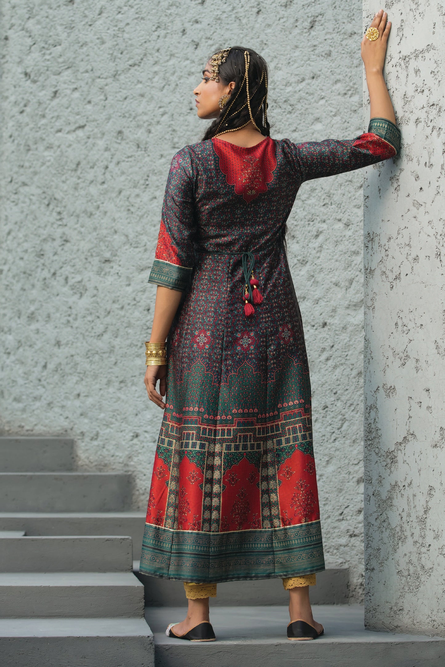 Green Satin Festive Printed Anarkali Flared Anarkali Kurta