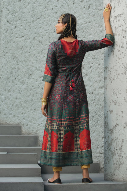 Green Satin Festive Printed Anarkali Flared Anarkali Kurta