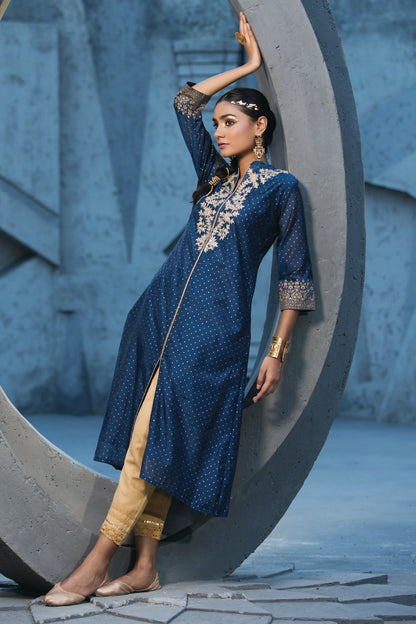 Blue Chanderi Festive Embroidered Polka Dot Printed A-Line Kurta