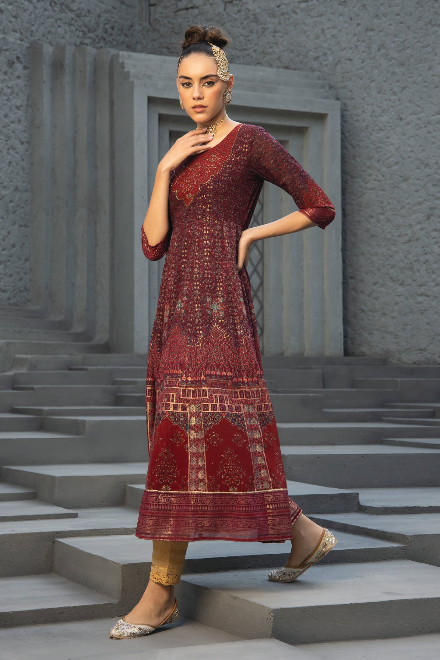 Maroon Georgette Festive Printed Anarkali Flared Anarkali Kurta