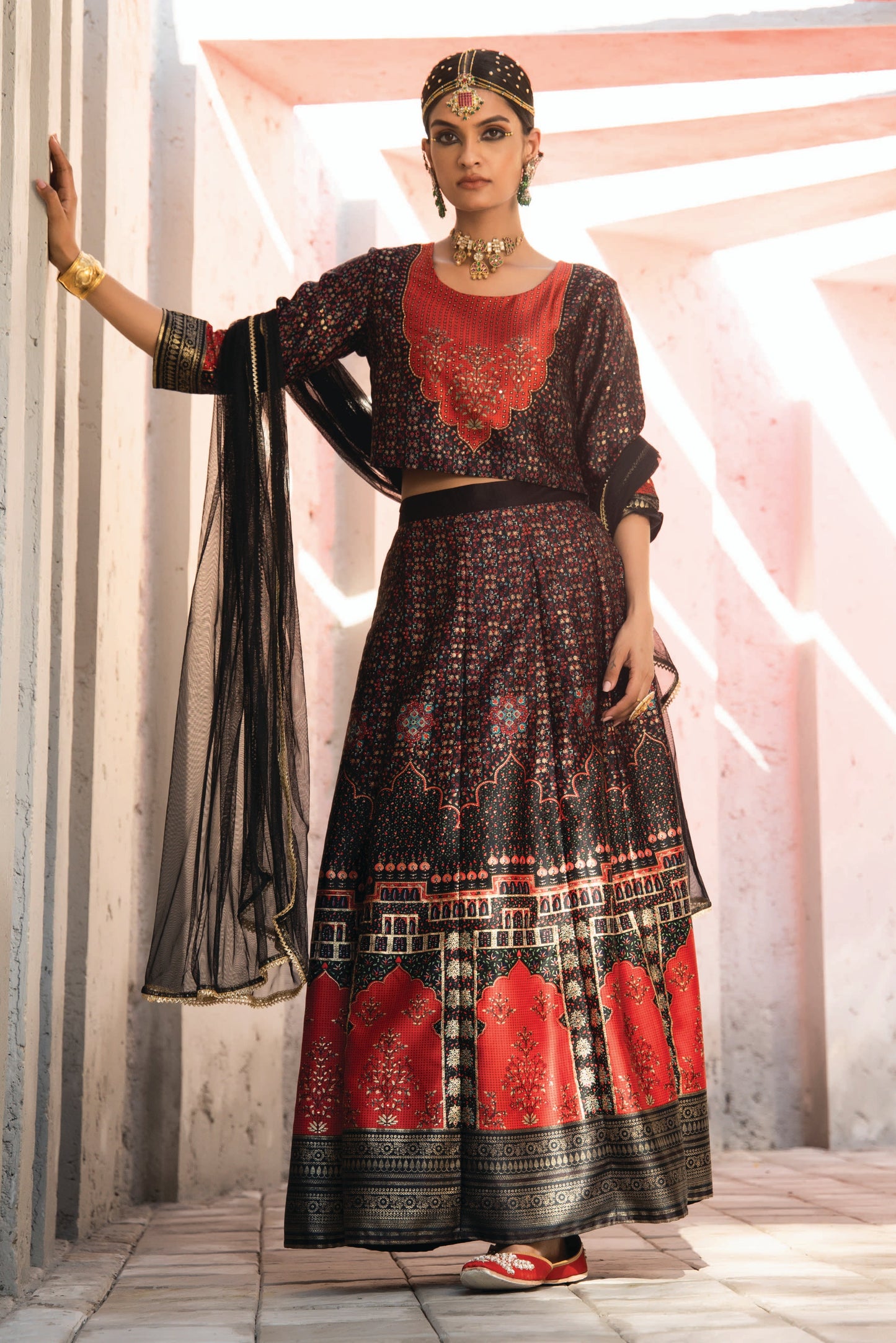 Black Dull Satin Festive Printed Crop Choli-Skirt Dupatta