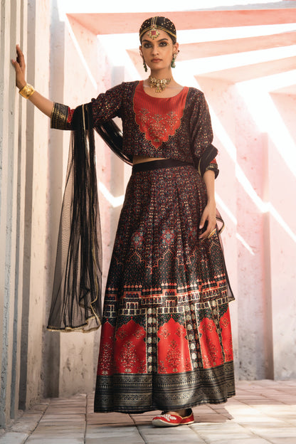 Black Dull Satin Festive Printed Crop Choli-Skirt Dupatta