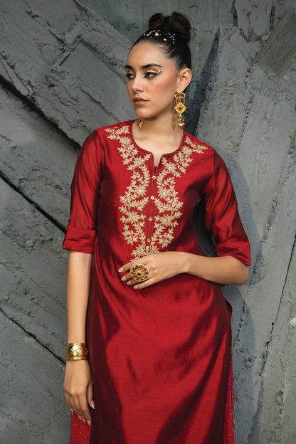 Maroon Chanderi Festive Embroidered + Printed Straight/Flared Kurta