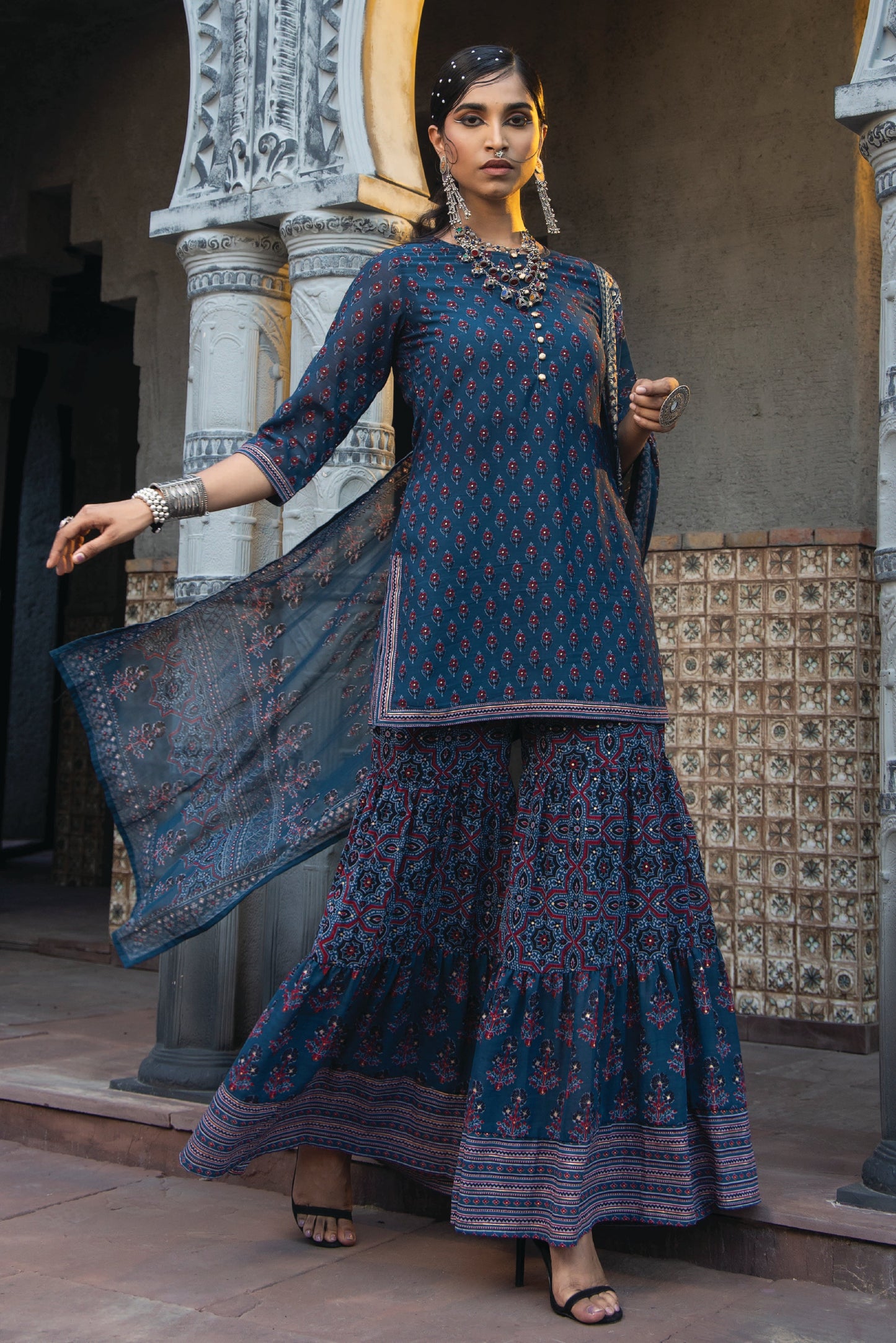 Teal Georgette Festive Floral Print Straight Tunic-Sharara Dupatta