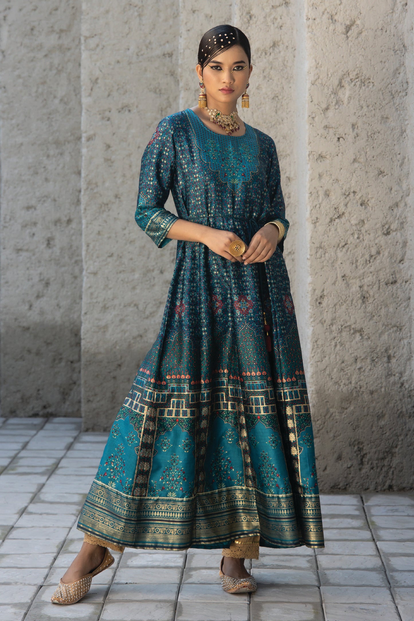 Teal Satin Festive Printed Anarkali Flared Anarkali Kurta