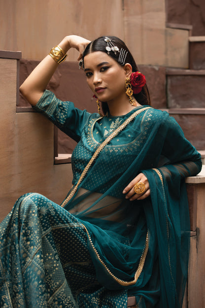 Teal Dull Satin Festive Embroidered Printed Crop Lehenga Choli Dupatta Set