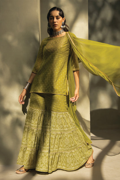 GREEN GEORGETTE BANDHANI PRINTED KURTA, SHARARA AND DUPATTA SET