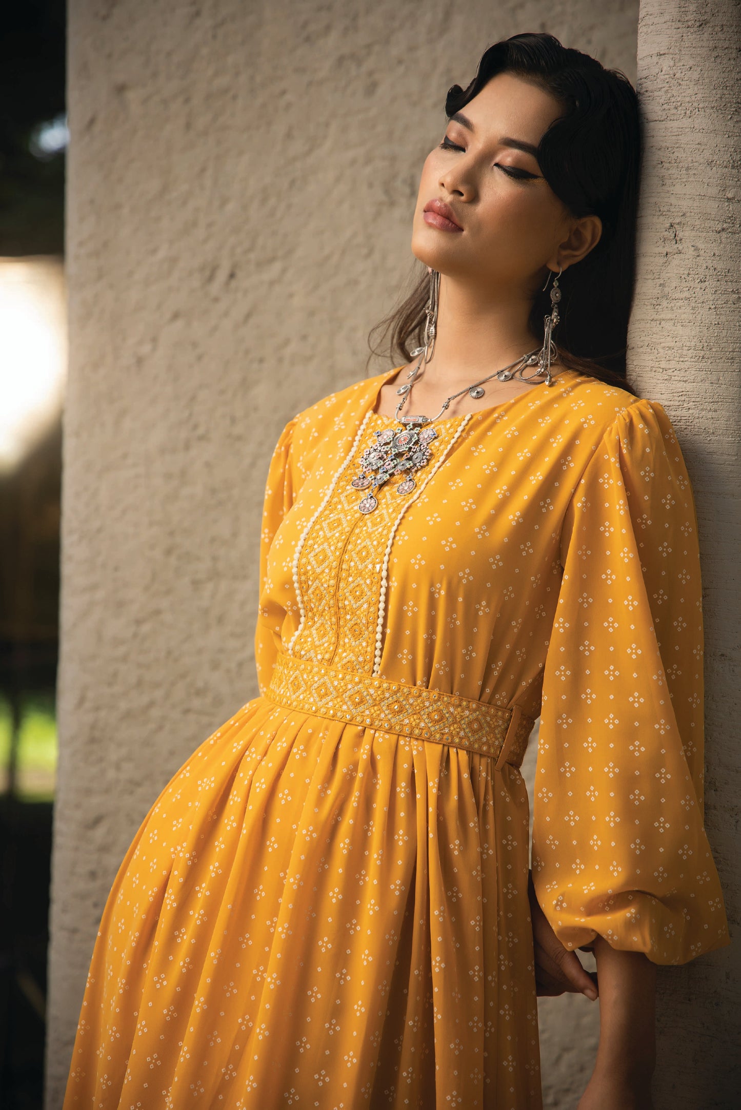 Mustard Georgette Festive Print Flared Dress
