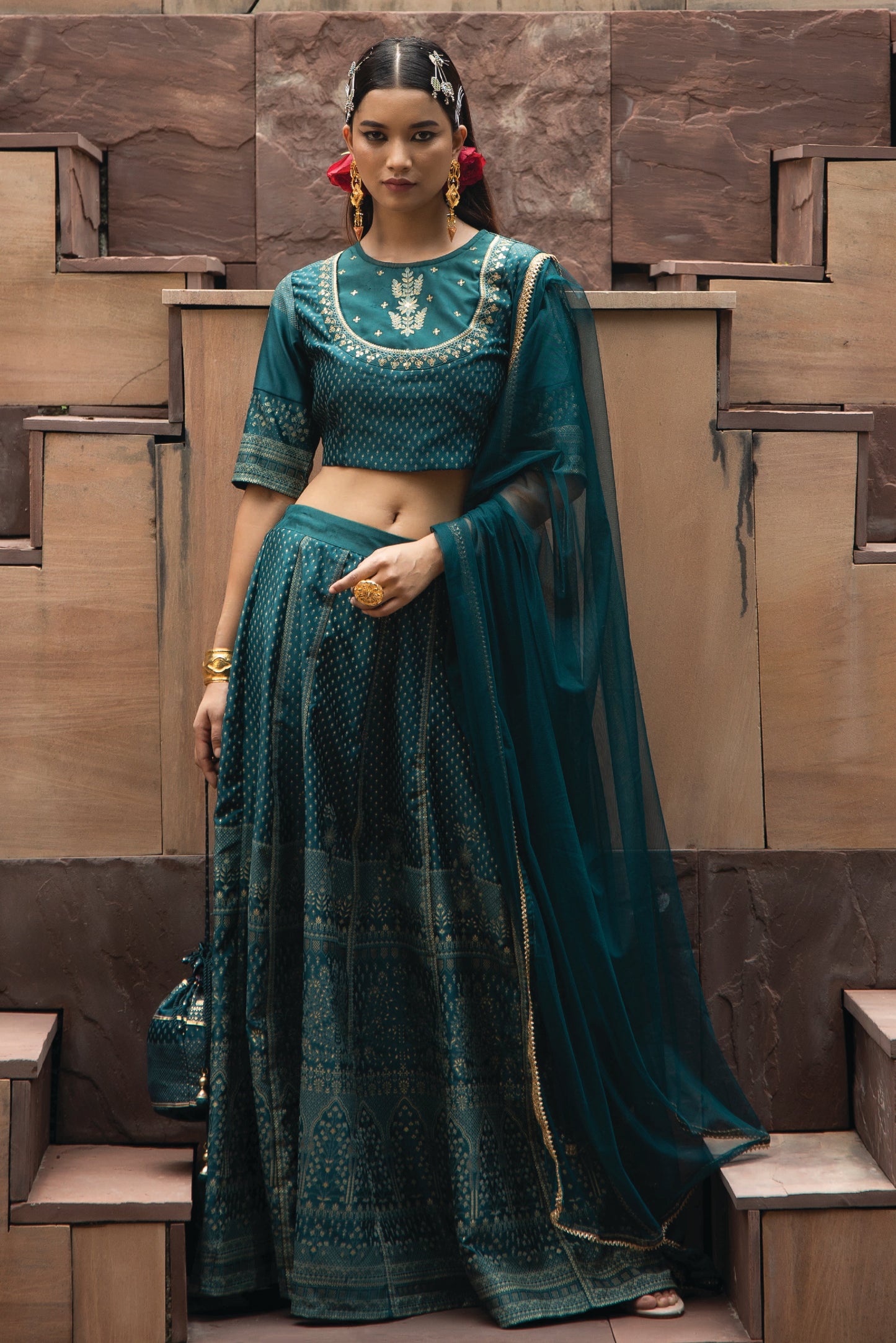 Teal Dull Satin Festive Embroidered Printed Crop Lehenga Choli Dupatta Set