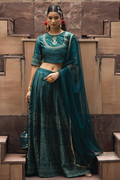 Teal Dull Satin Festive Embroidered Printed Crop Lehenga Choli Dupatta Set
