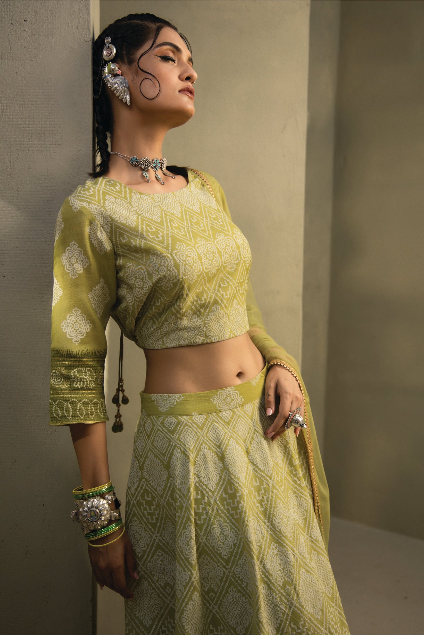 Green Santoon Slub Festive Foil Print Straight Lehenga Choli Set