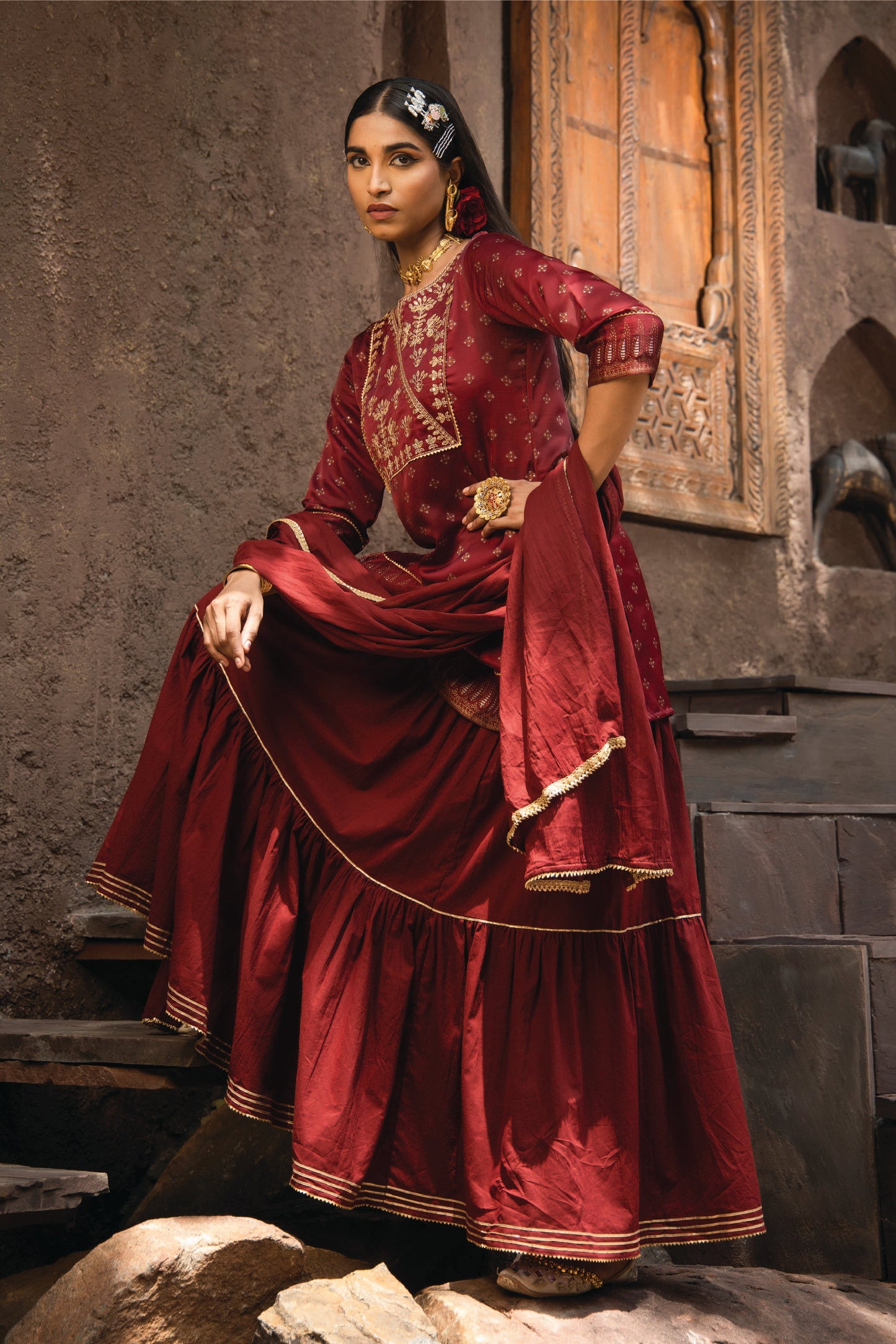 Maroon Satin Slub Festive Embroidered Printed Straight Kurta Skirt Dupatta Set