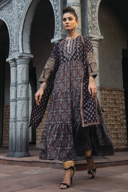 Black Chanderi Festive Printed Tiered  Kurta