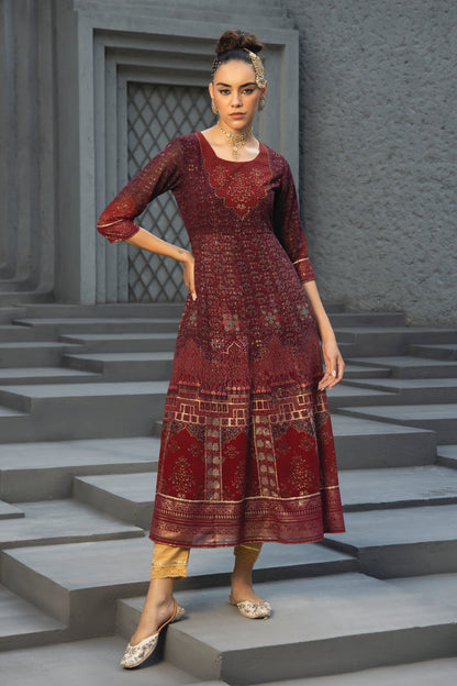 Maroon Georgette Festive Printed Anarkali Flared Anarkali Kurta