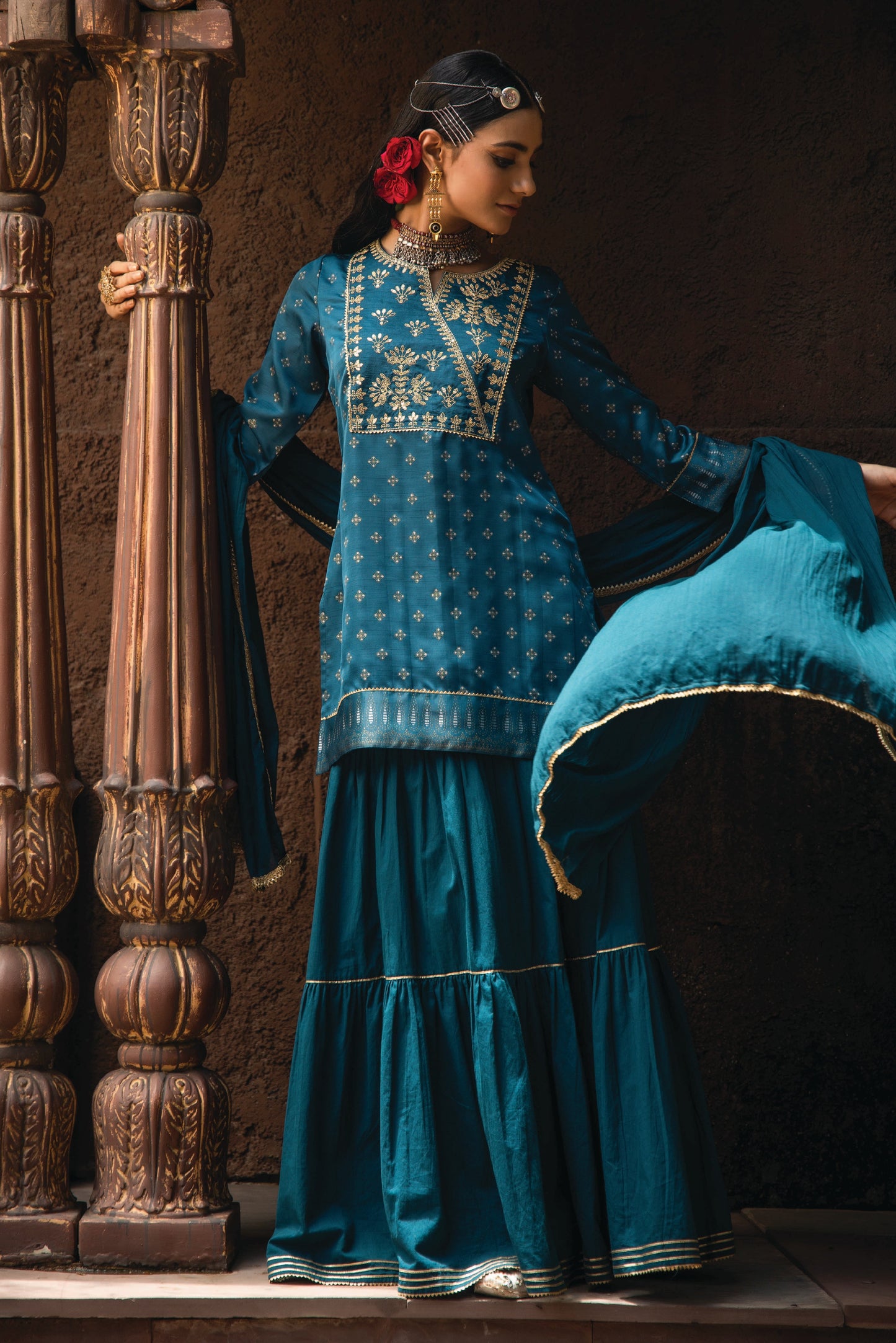 Teal Satin Slub Festive Embroidered Printed Straight Kurta Skirt Dupatta