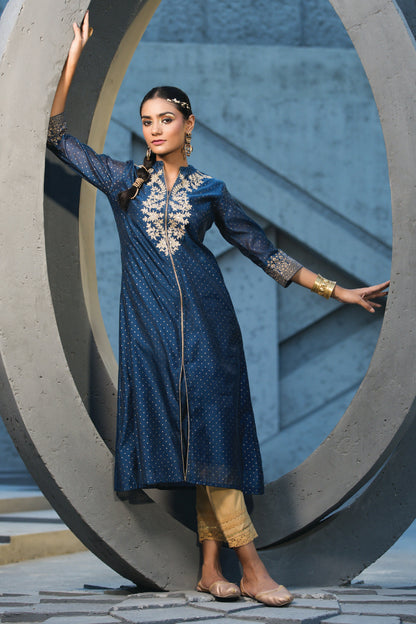 Blue Chanderi Festive Embroidered Polka Dot Printed A-Line Kurta
