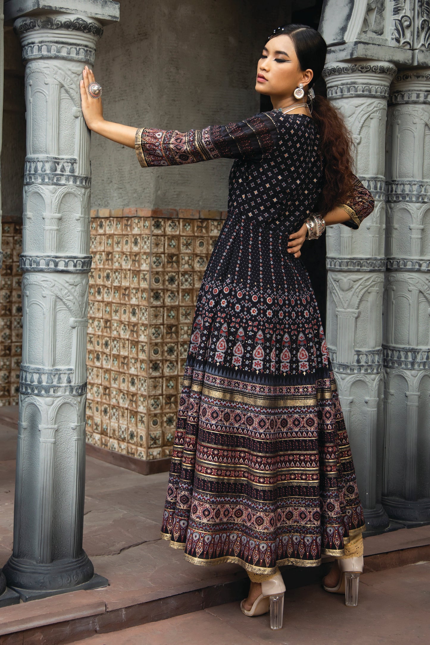 Black Georgette Festive Printed Flared Anarkali Kurta