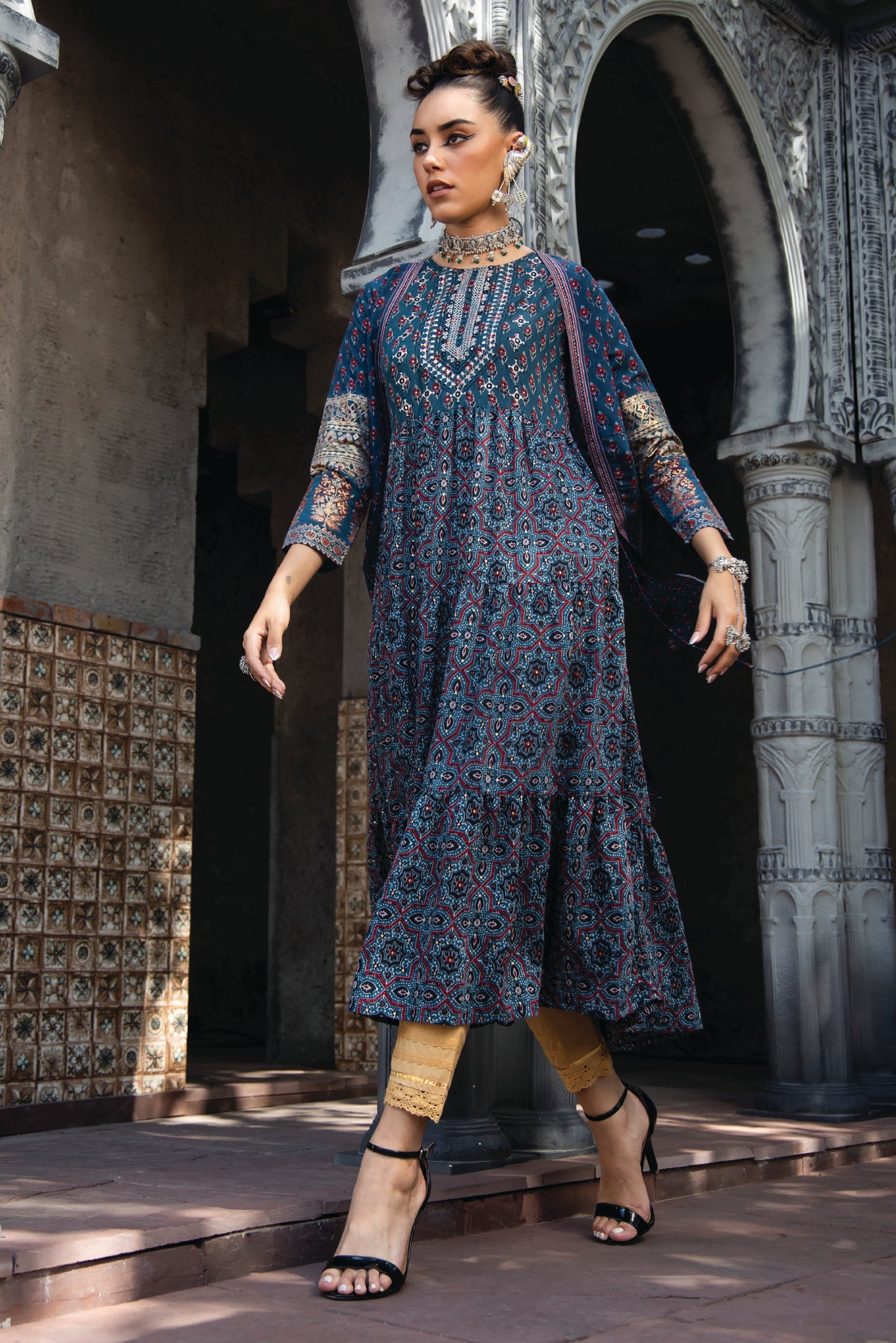 Teal Chanderi Festive Printed Tiered  Kurta