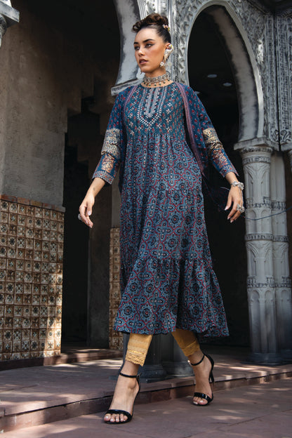 Teal Chanderi Festive Printed Tiered  Kurta