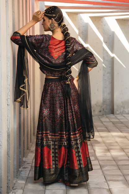 Black Dull Satin Festive Printed Crop Choli-Skirt Dupatta