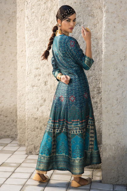 Teal Satin Festive Printed Anarkali Flared Anarkali Kurta