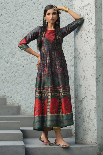 Green Satin Festive Printed Anarkali Flared Anarkali Kurta