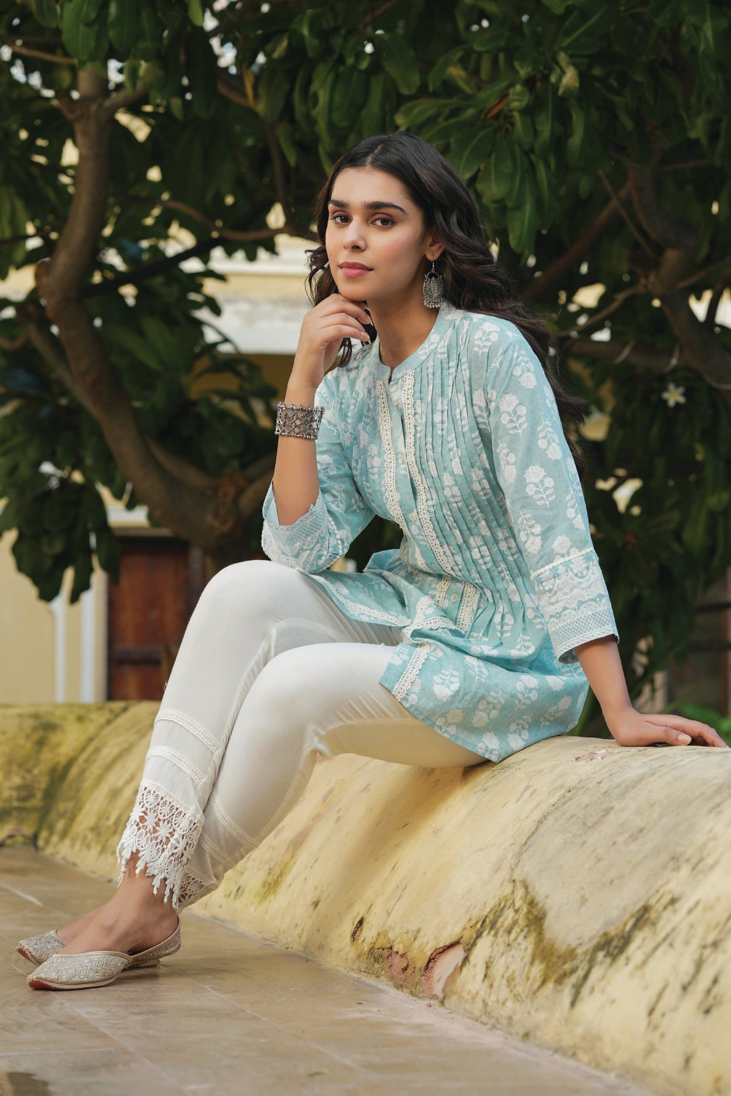 Skyblue Cambric Placement Floral Printed Tunic