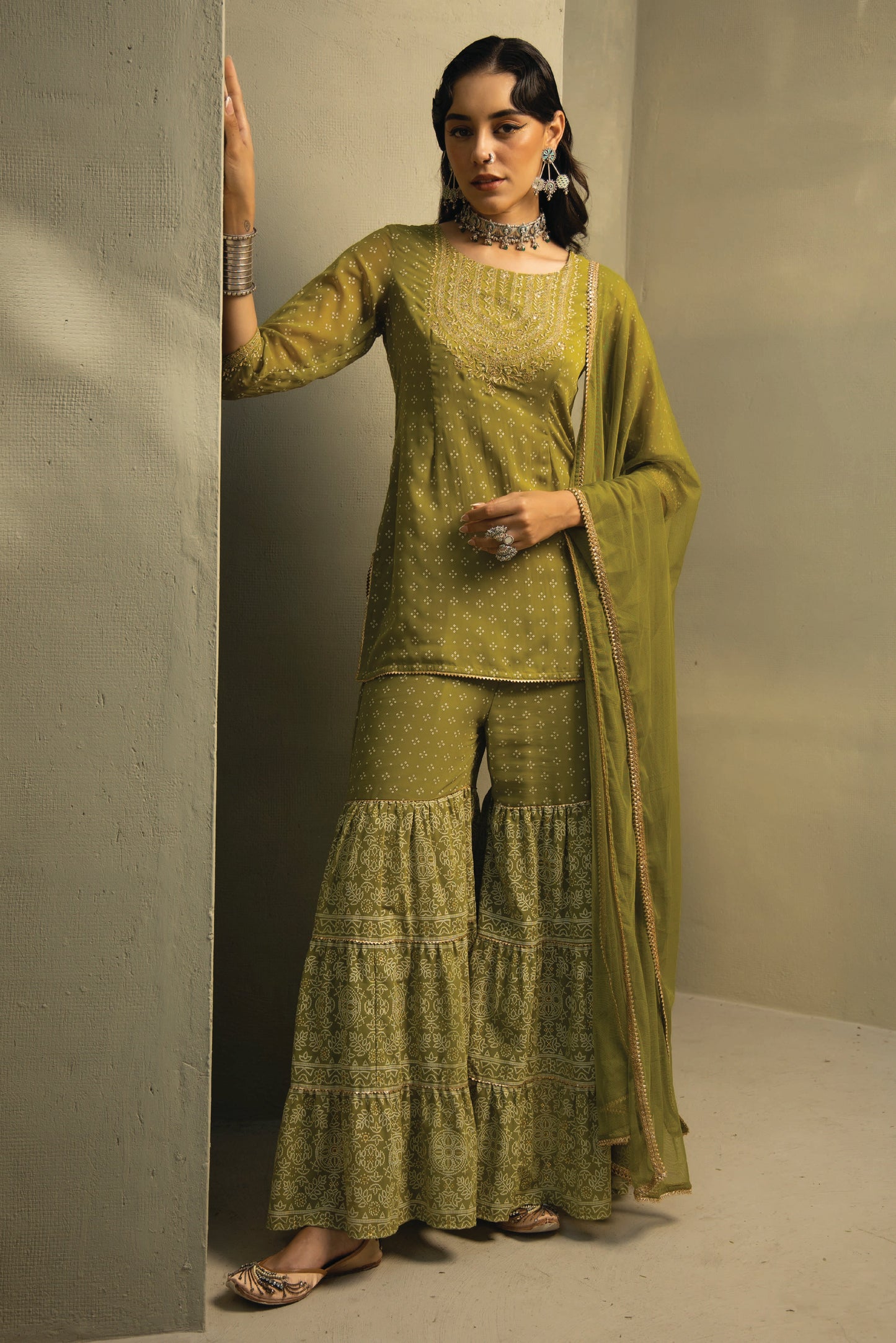 GREEN GEORGETTE BANDHANI PRINTED KURTA, SHARARA AND DUPATTA SET